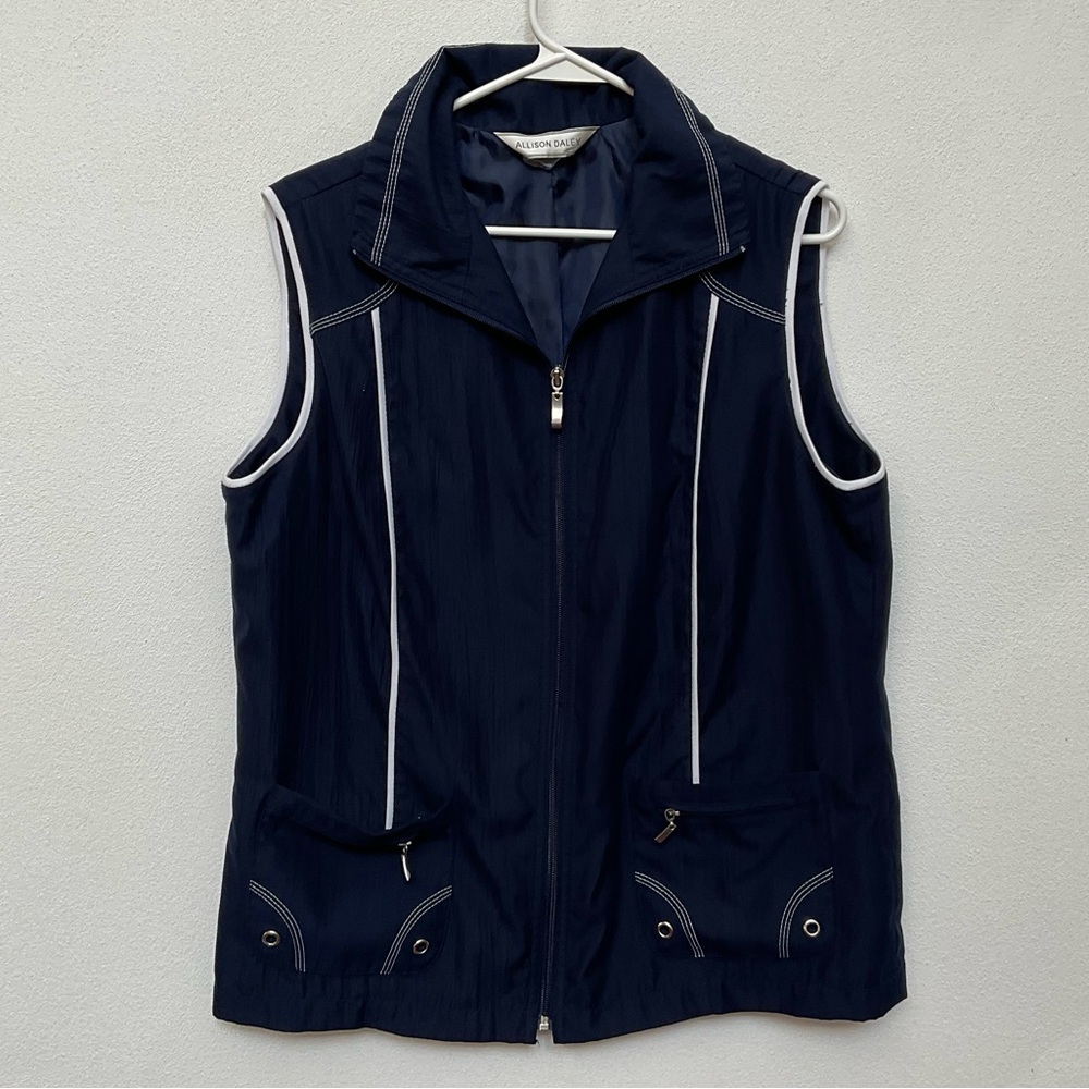 Allison Daley Navy Blue, White Full Zip Athletic Vest Size Large Preppy Workout
